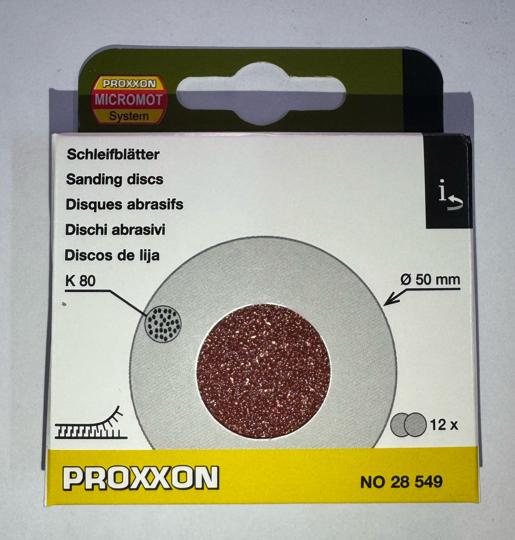 PROXXON Set di dischi abrasivi autoadesivi per LHW , Ø50 mm, grana K80, 12 pezzi (28549) |