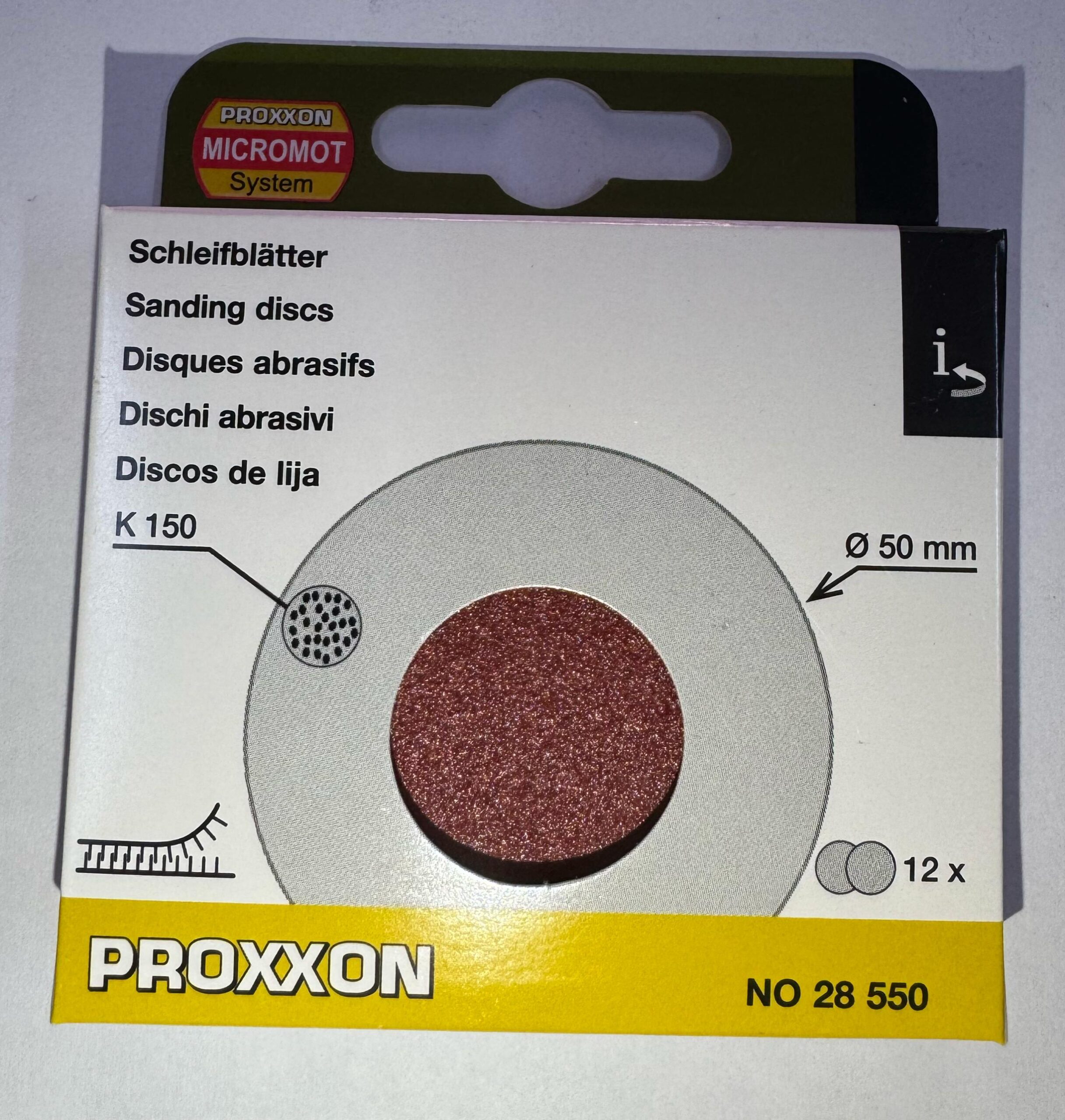 PROXXON Set di dischi abrasivi autoadesivi per LHW , Ø50 mm, grana K150, 12 pezzi (28550) |Levigatura di Precisione per Legno