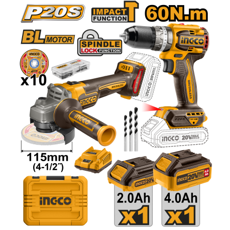 ING-CO KIT SMERIGLIATRICE CON 3 VELOCITA' + TRAPANO CON VALIGETTA + ACCESSORI + BATTERIE + CARICABATTERIE (CKLI20273E) |Kit completo per professionisti.