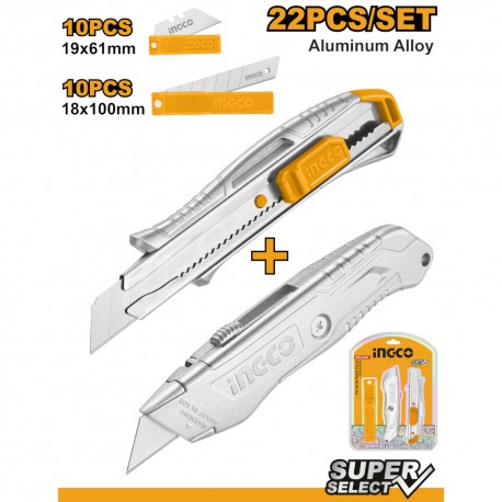 ING-CO Set 2 cutter + 20 lame di ricambio (HUK180225) |Taglio preciso su vari materiali. Kit completo per professionisti e fai-da-te