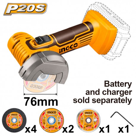 ING-CO Mini Smerigliatrice Angolare a Batteria 20V (76 mm) - Taglio Portatile e Preciso