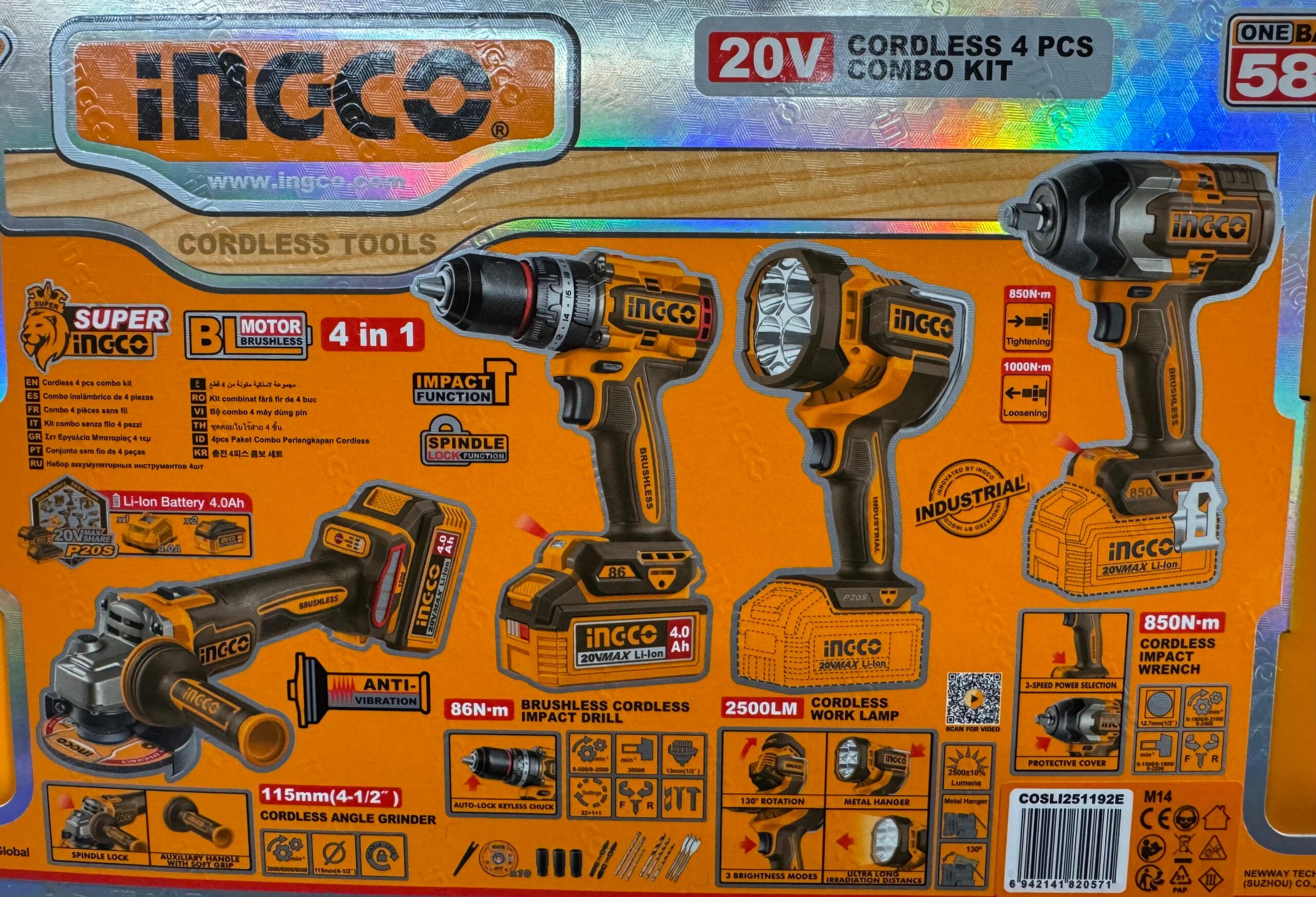 ING-CO KIT 4 UTENSILI A BATTERIA CON BATTERIE E CARICABATTERIE - SMERIGLIATRICE 115MM - TRAPANO AVVITATORE 86N-M - AVVITATORE IMPULSI 850N-M - WORK LAMP 2500LM