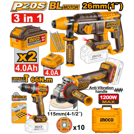 ING-CO KIT TRAPANO COMPACT BRUSHLESS CIDLI206681 + SMERIGLIATRICE ANGOLARE CAGLI212025E + TRAPANO PERFORATORE CRHLI26208